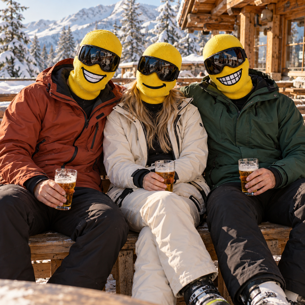 Friends wearing SkiYellow masks on a snowy lodge terrace